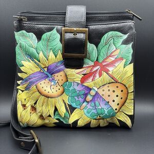 Anuschka Leather Hand Painted Dragonflies & Sunflowers Handbag